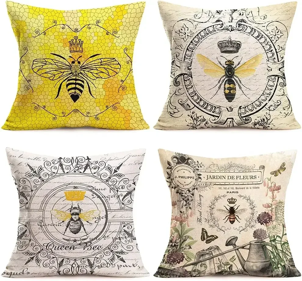 Farm Pillow Cover Vintage Bee Home Decorative Pillowcase Seat Cover Linen Square Pillowcase 45X45cm