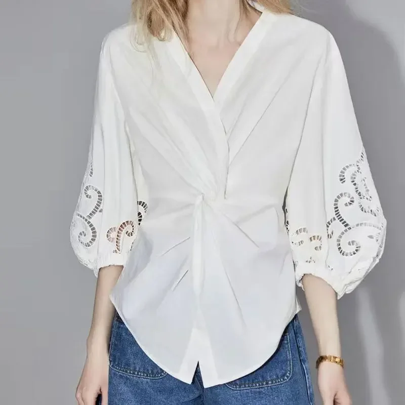 Elegant Vintage Embroidery Hollow Out Shirt Solid Color Women's Clothing Casual V-Neck Spring Summer Fashion Folds Waist Blouse