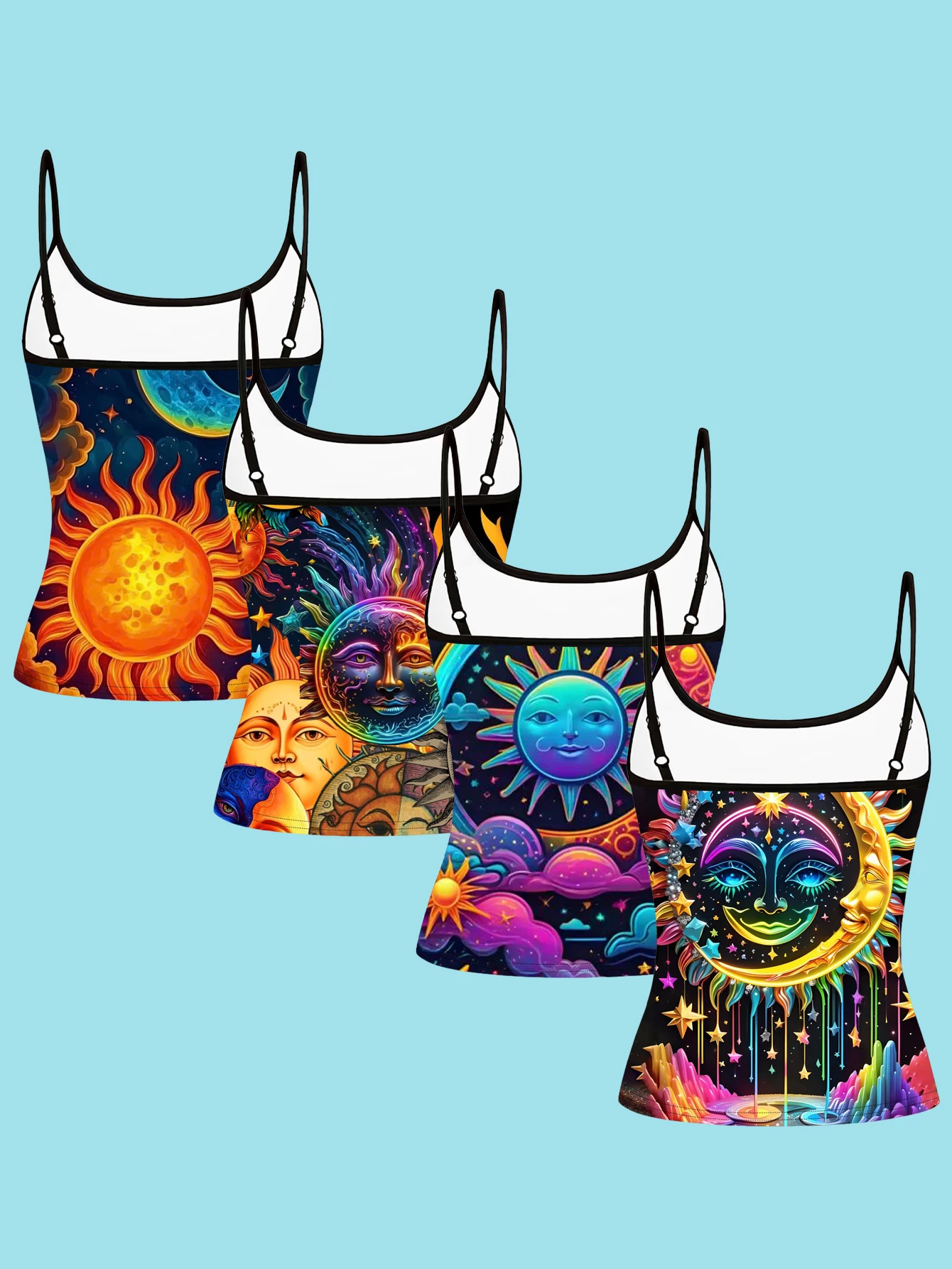 4-Piece Set of Women's Hippie Sun and Moon Face Print Camisoles, Vintage Star and Moon Nebula Slim-Fit Spaghetti Strap Inner Tops