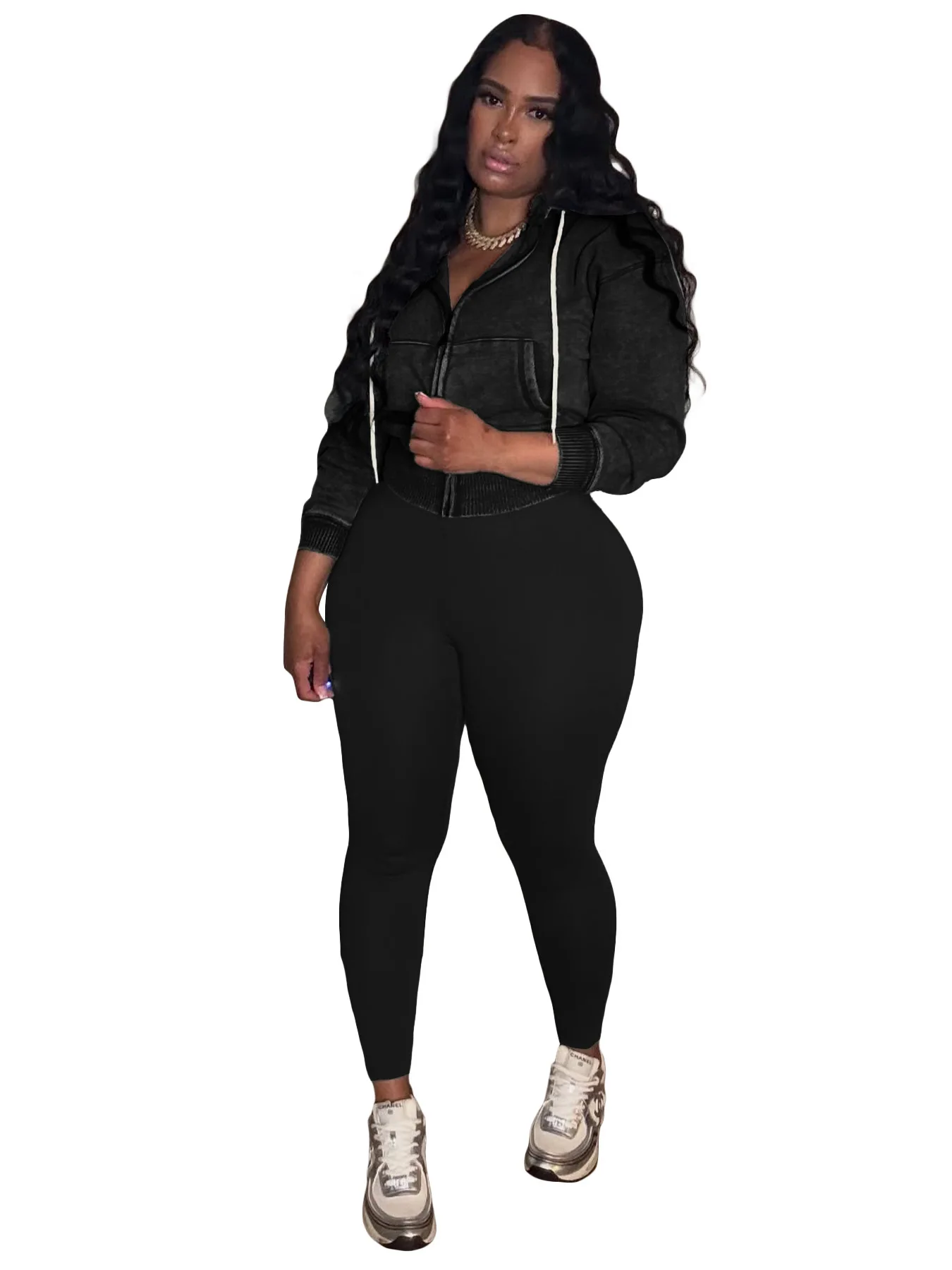 Women's Set Washed Zipper Hooded Velvet Top Yoga Pants Sports Casual Two-Piece Set Ropa Para Mujer