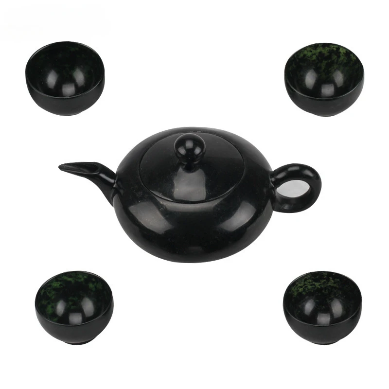 Dark Jade Teapot Teacup Serpentine Jade Olive Green Meteorite Pot Medicine King Stone Tea Set