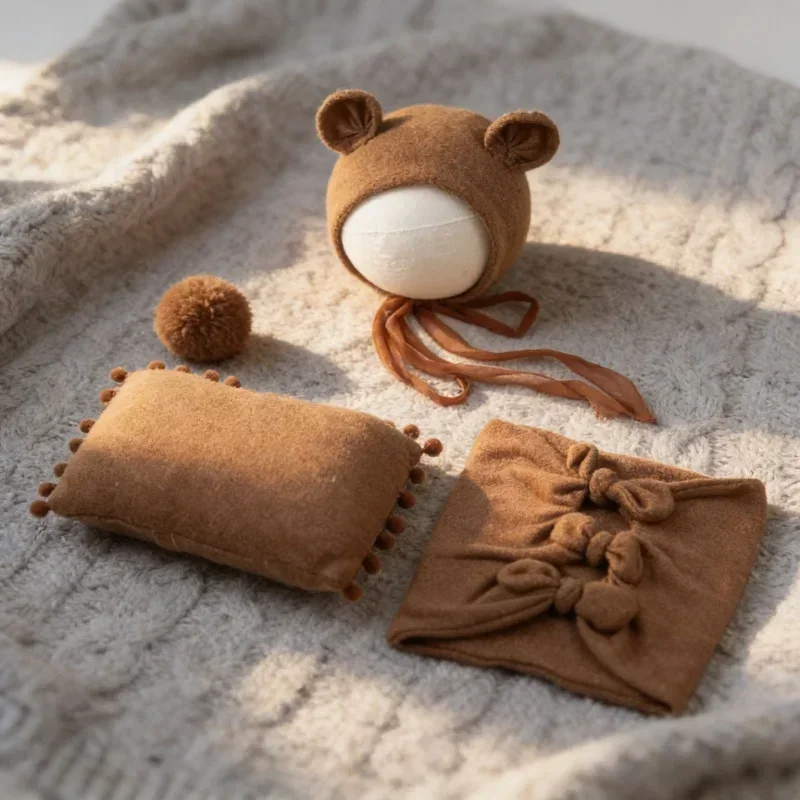 3pcs Infant Photography Prop Set Bear Hat Pillow Swaddle Wraps Bows Decor Outfit Newborn Boys Girls Studio Shooting Use