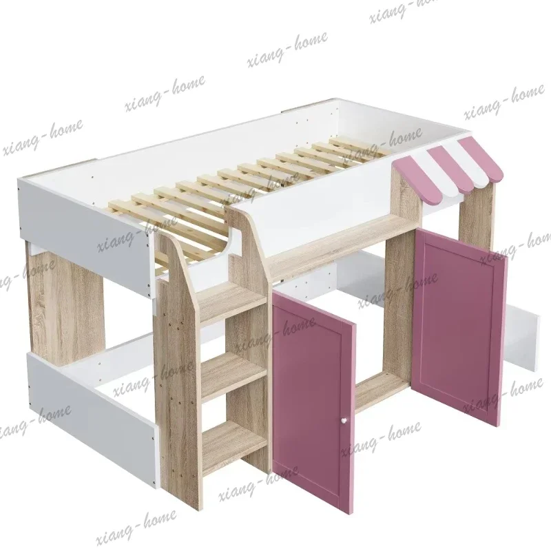 PG Solid Wood House Frame Semi-High Loft with Climbing Ladder & Open Storage Treehouse Design for Kids Fun Playhouse Furniture