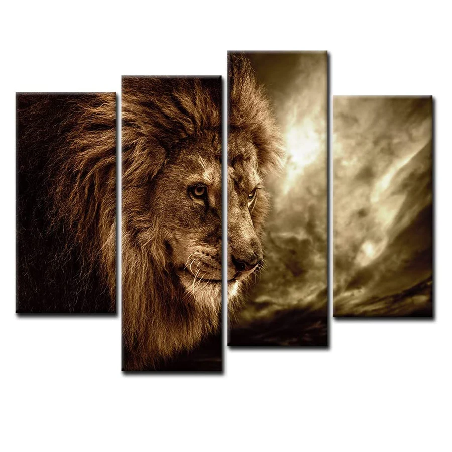 4-panel wall art, Diamond painting, cross stitch, Brown fierce lion fighting against stormy sky, full mosaic 3D embroidery