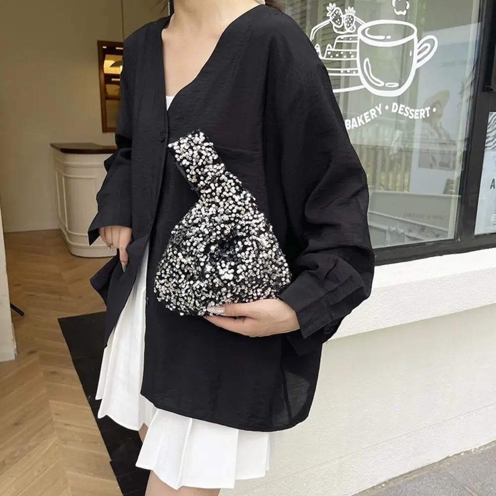

Simple Paillette Knot Handbag Blingbling Cute Wrist Bag Korean Style Cloth Sequin Evening Bag Girl