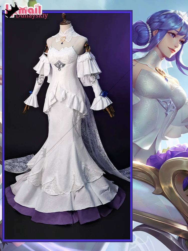 LOL كريستال روز سونا تأثيري حلي لعبة دوري الأساطير لعب الأدوار الملابس الأبيض Bodycon فستان شعر مستعار مجموعة أنيمي زي الحفلات-6