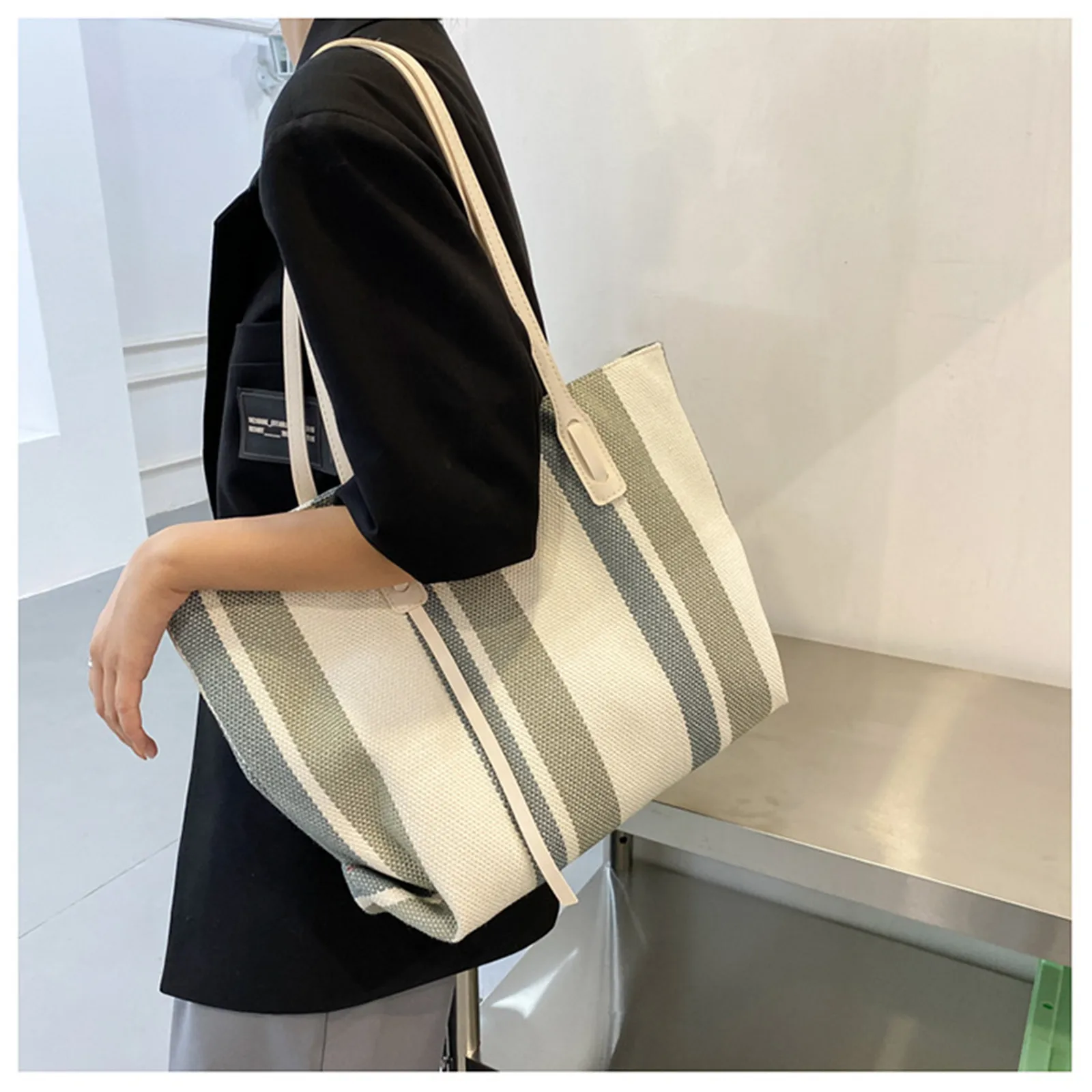 Large Capacity Women\'s Shoulder Bag Simple Vertical Stripe Casual Tote Bag 2024 Summer Fashion Handbag Female Canvas Shopper Bag