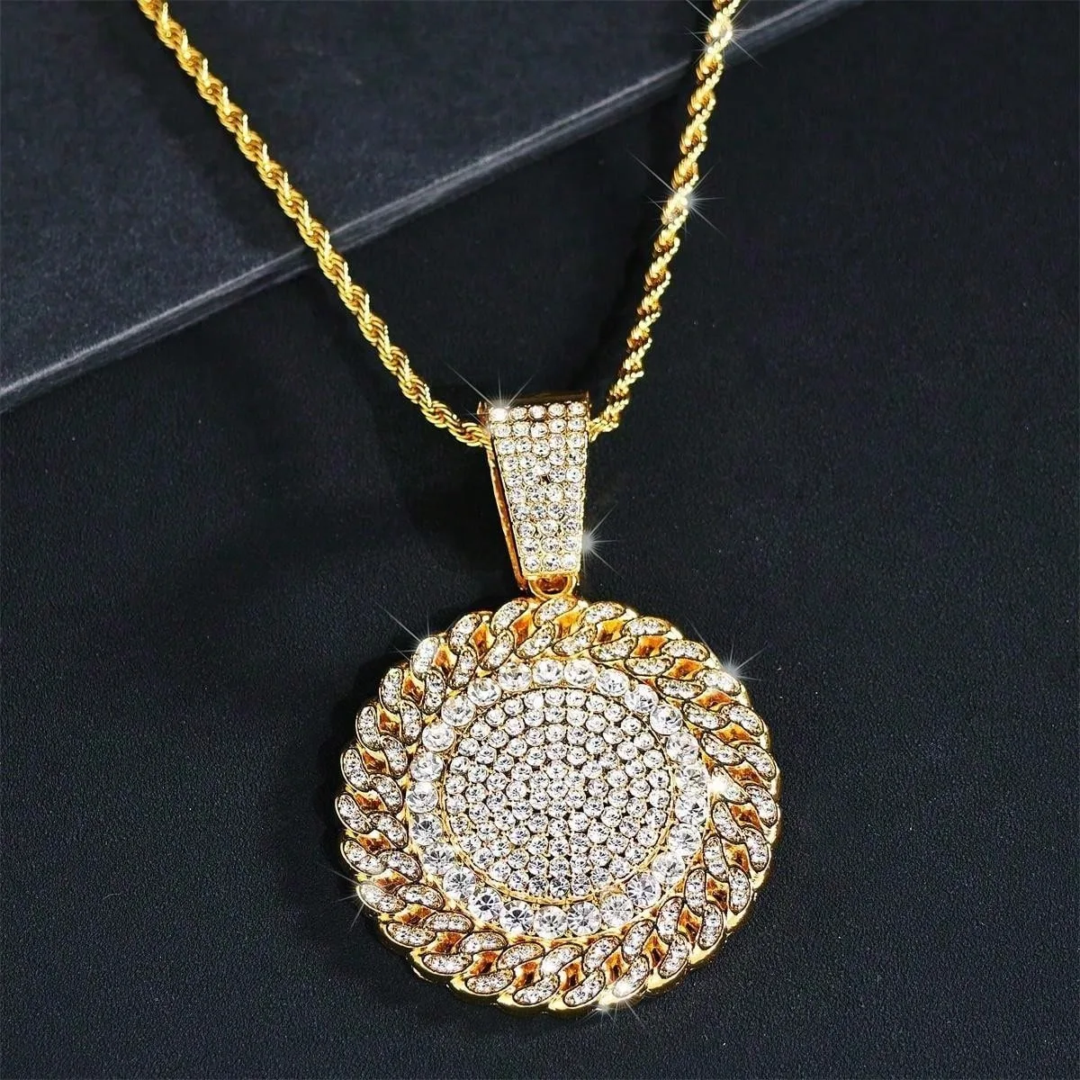 Fashion HipHop Sun Flower Pendant Necklace For Men Cuban Chain Iced Out Bling Crystal CZ Necklaces Rock Biker Jewelry Drop Ship