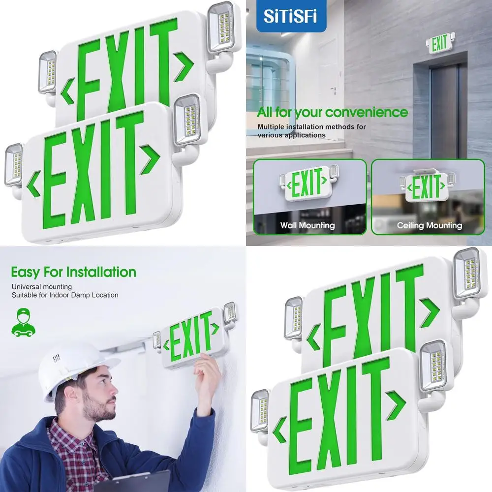

Emergency Exit Sign with Dual Adjustable Lights and Backup Battery, Commercial Grade Green Letter, UL 924 Listed, 120/277V