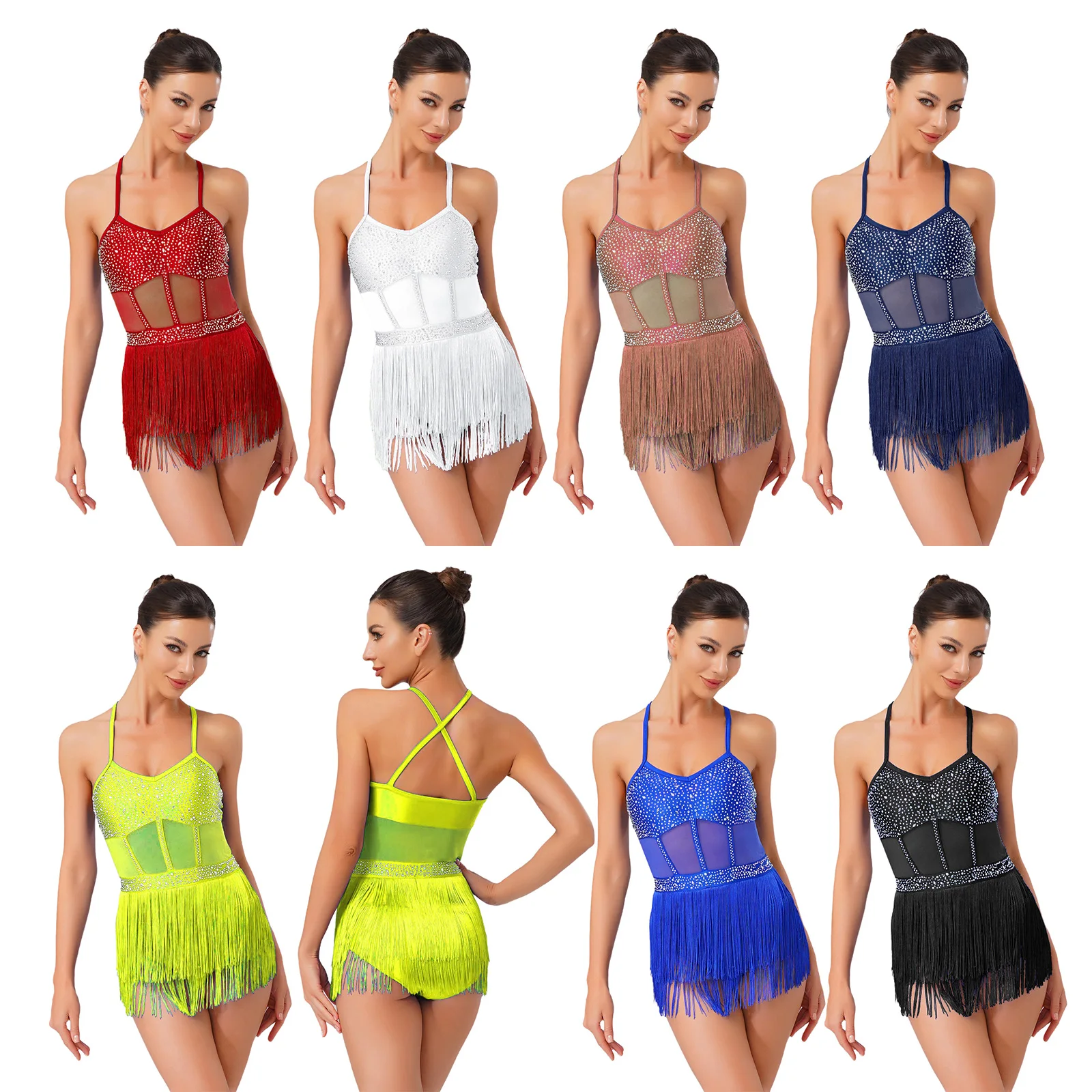 Womens Chacha Latin Dance Leotard Dress Sheer Mesh Tassel Gymnastics Bodysuit Elegant Latin Dress for Latin Jazz Dance Show