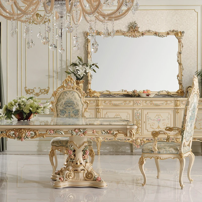 Royal French luxury villa furniture restaurant champagne solid wood rectangular carved dining table and chair combination