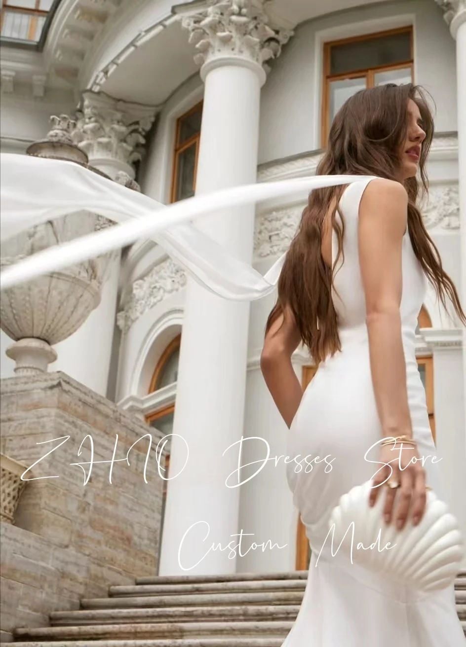 ZHIO فستان زفاف حورية البحر بسيط برقبة دائرية بدون أكمام سترة طويلة بطول الأرض فستان زفاف مخصص فساتين سهرة رسمية