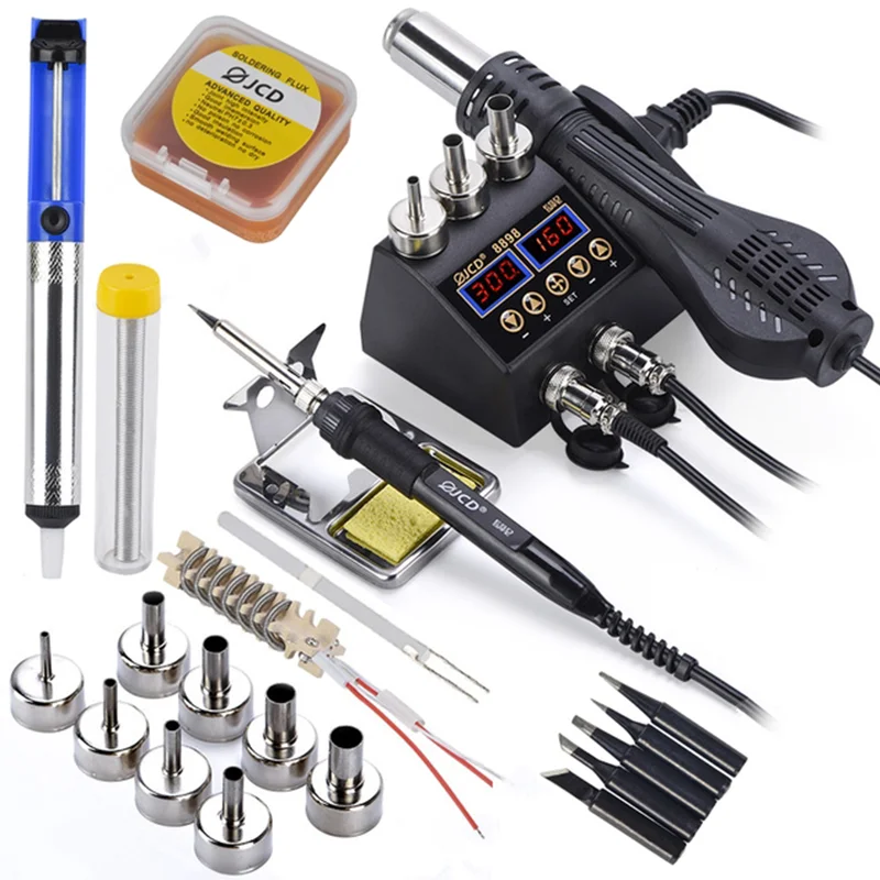 8898‑14 JCD 750W 2‑in‑1 LCD Digital Display Rework Soldering Station, Hot Air Gun & Soldering Iron Welding Repair SMD Solder Tool Kit