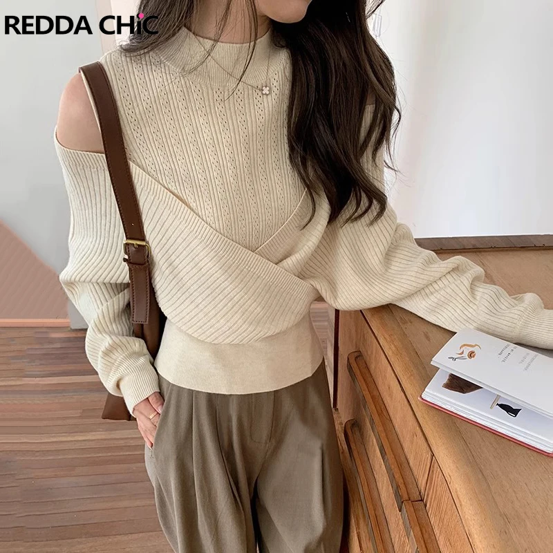 

ReddaChic Women Fake 2-piece Pullover Sweater Autumn Semi-turtleneck Long Sleeves Knit Top Casual Solid Elegant OL Undershirt