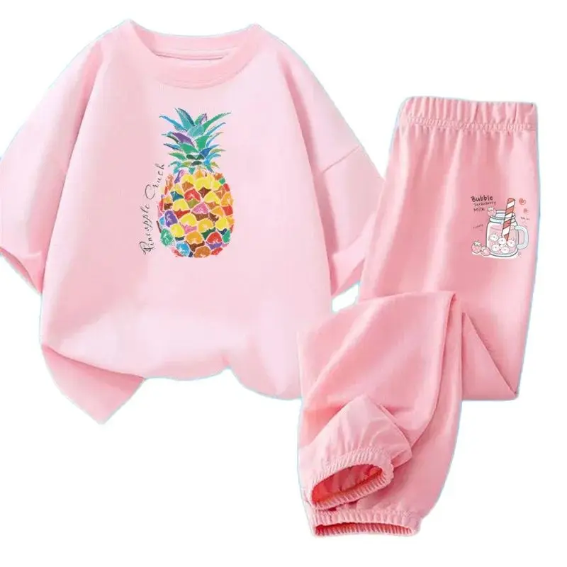 Summer Girls Summer Outfits Kids Fruit Pineapple/Avocado t-shirt+ anti-mosquito pants 2pcs Set Children Cartoon Tracksuits