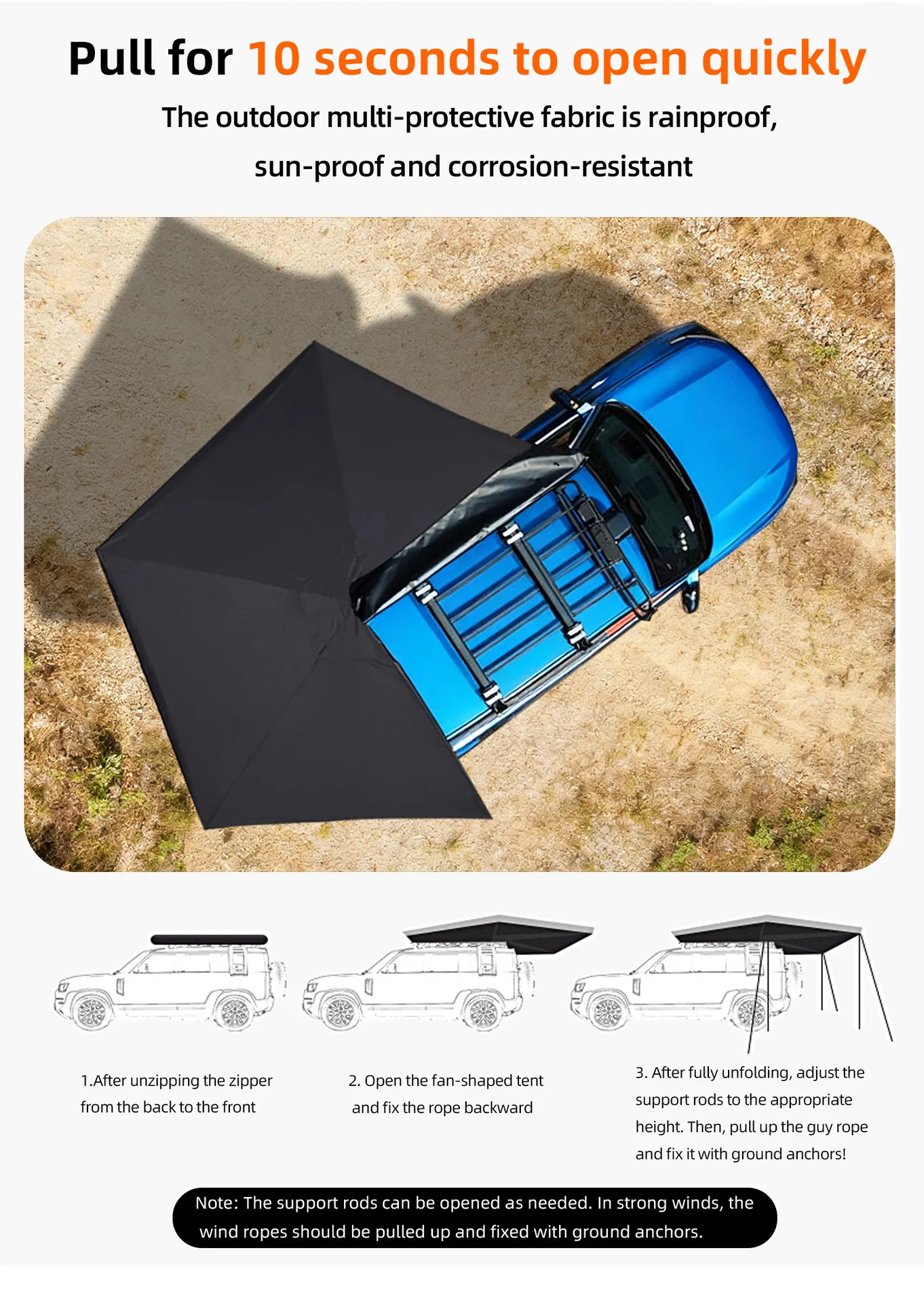 Roof Top Tent 6 Person Outdoor Camping Canvas Four-Season Double Layer Waterproof Quick Open 270-Degree Fan-Shaped Side Tent for
