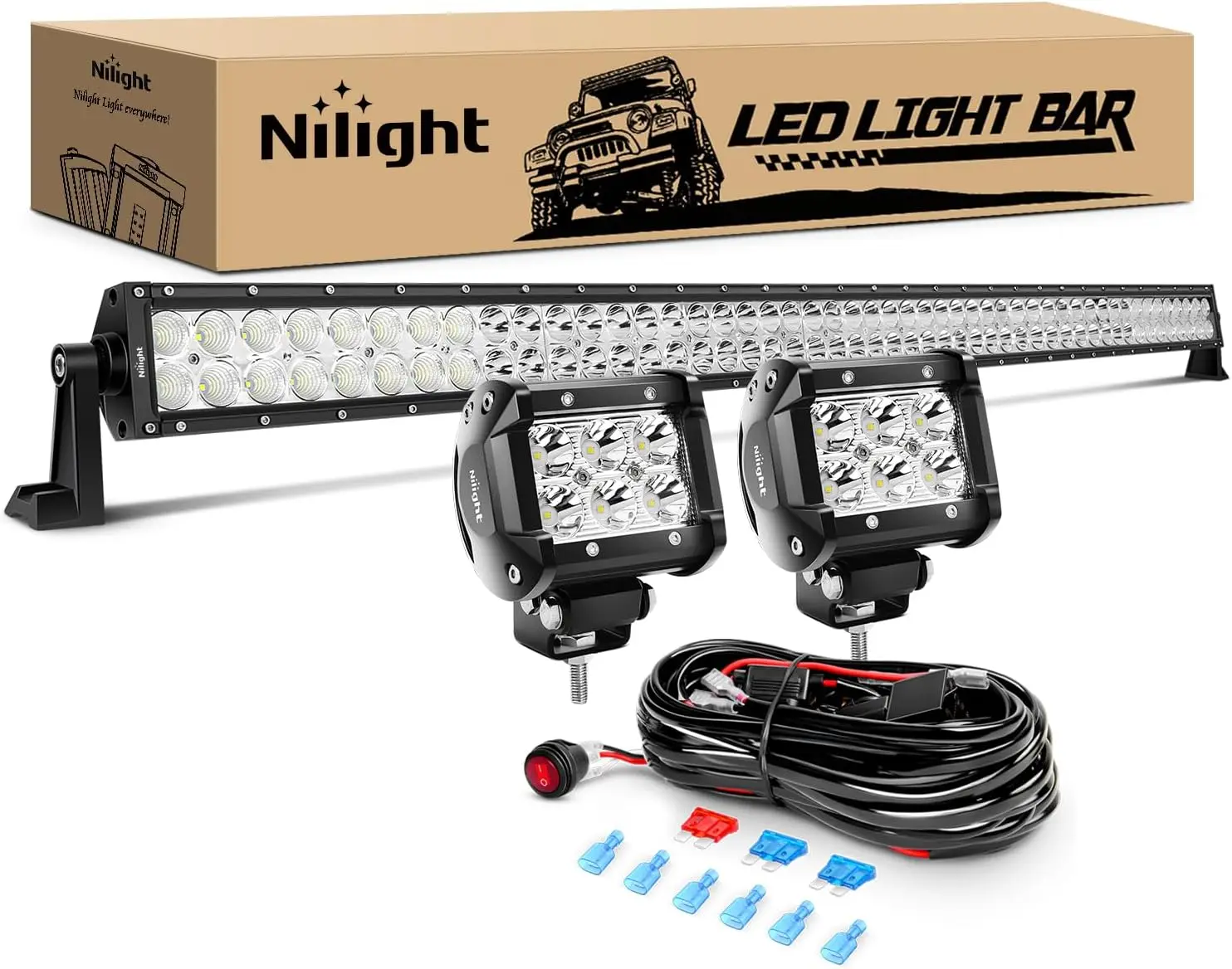 

52-Inch Spot Flood Combo LED Light Bar with 4-Inch 18W Fog Lights, Wiring Harness, 2-Year Warranty