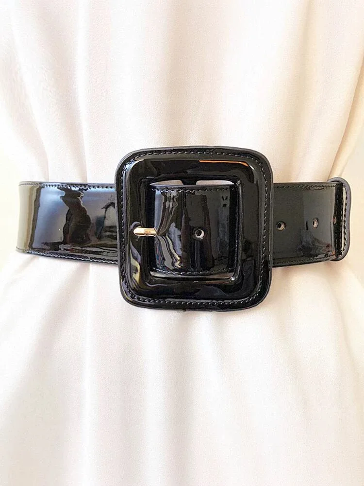 

Black Patent Leather Belt Retro Wide Leather Belt with Square Buckle Wide High Waist Belt for Women Jeans Dress