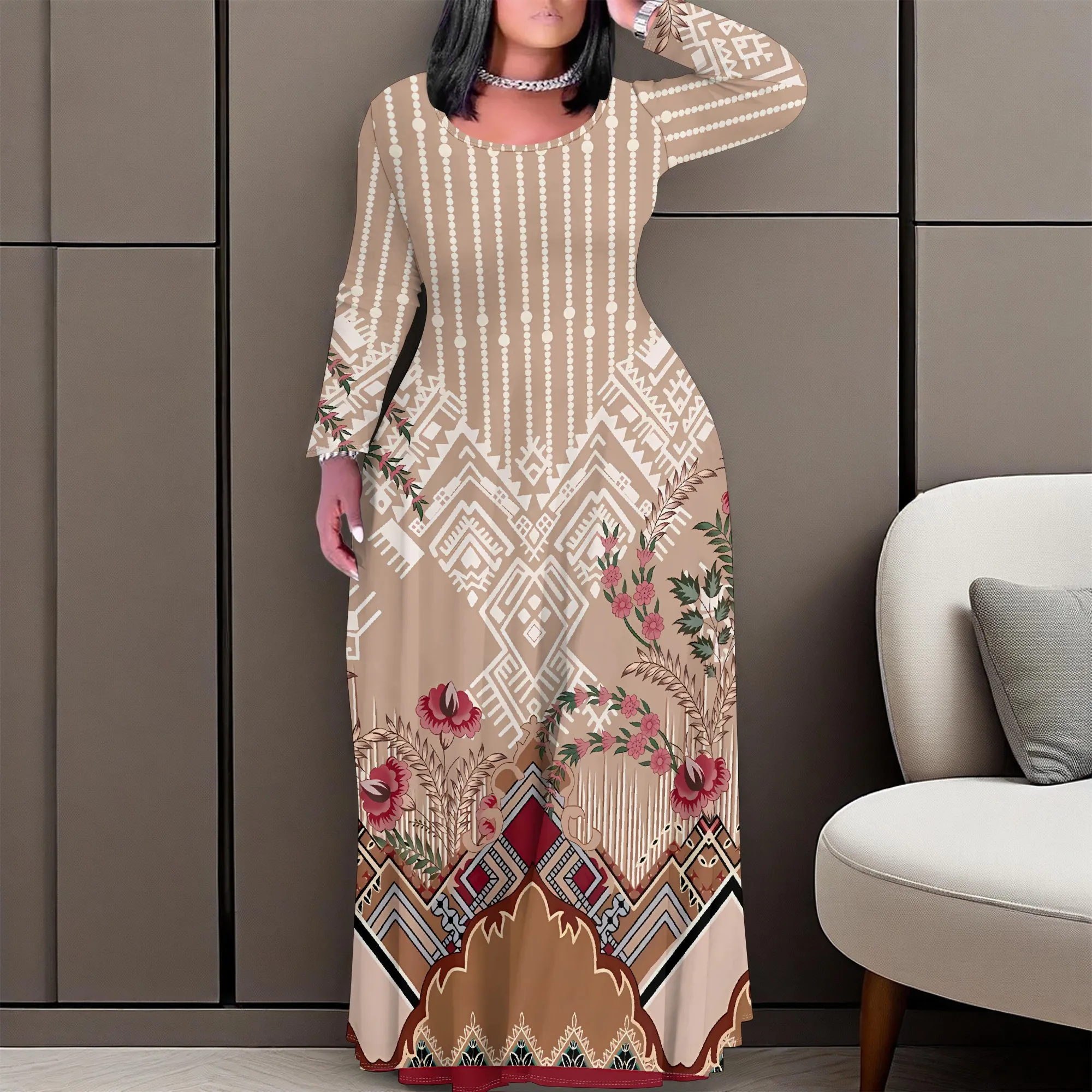 

Nupusa Geometric Floral Print Dress for Women Regular Size Casual Round Neck Long Sleeve Maxi Dress