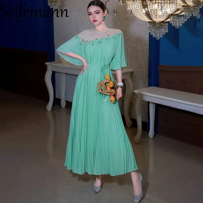 

Seifrmann 2026 Spring Women's New Fashionable Round Neck Short Sleeve Nail Bead Folded Waist cinching Long Dress