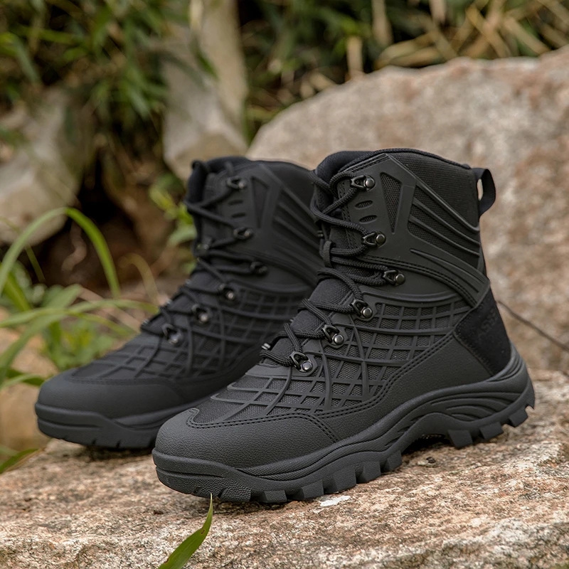 High Top Hiking Shoes Men Leather Waterproof Desert Combat Training Boots Anti-slip Tactical Boots Outdoor Men Motorcycle Boots