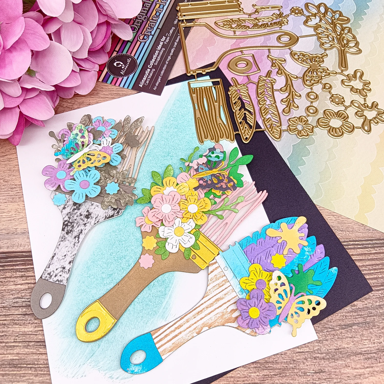 Blumenpinsel, Metall, gestanzt, goldene Stanzformen für Geschenk, Papier, Handwerk, handgefertigte Kartenherstellung, DIY-Grußkarten, Scrapbooking