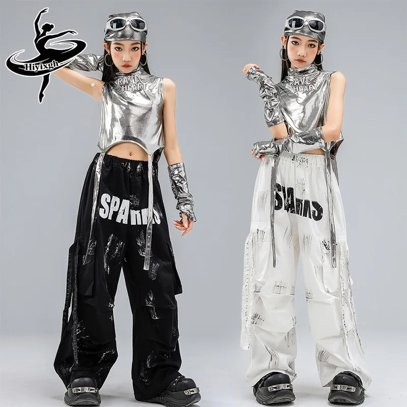 

Костюм для джазовых танцев для девочек: серебристый топ с открытым животом, черные свободные брюки, комплект для выступлений в стиле хип-хоп, для концертов и сценических показов