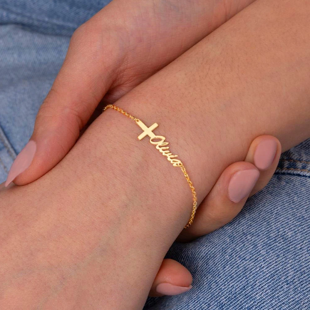 

Custom Lateral Cross Bracelet Personalized Christian Jewelry Stainless Steel Personalized Name Bangle Bracelet for Women