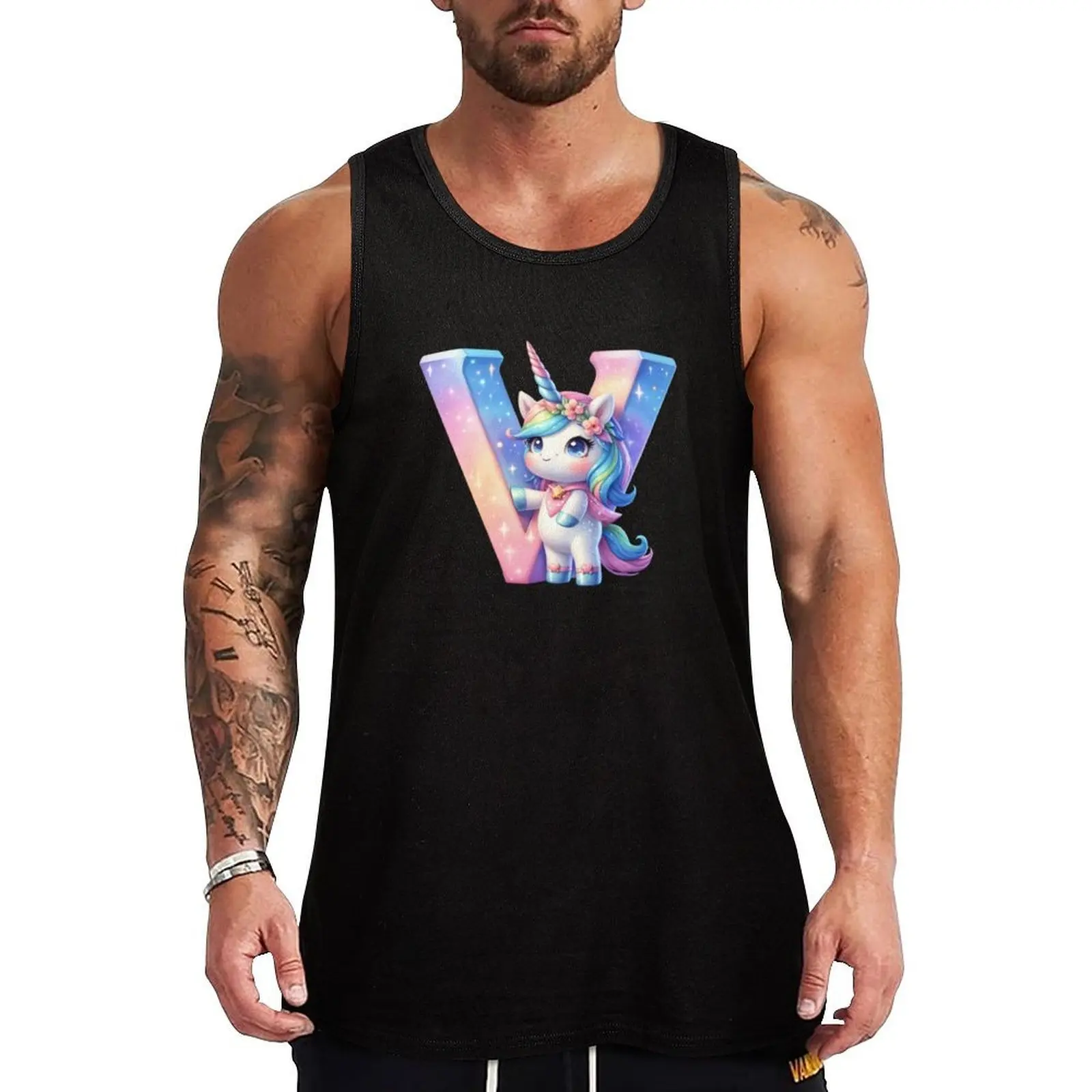

Unicorn kawaii alphabet monogram letter V Tank Top gym clothing men t-shirts man gym clothes for man Men's singlets