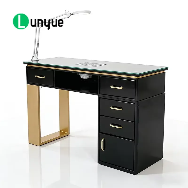 Modern Black Wood Nail Table with Glass Countertop and Dust Collector Professional Luxury Manicure Desk for Beauty