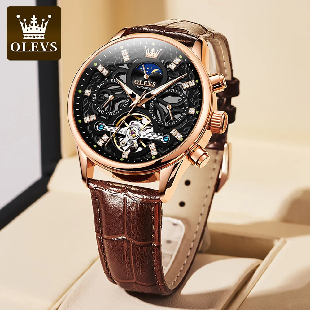 OLEVS Fashion Men Automatic Mechanical Watch Rose Gold Case Tourbillon Skeleton Date Moon Phase Display Waterproof Watches Reloj