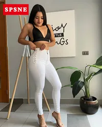 Pantalones vaqueros trenzados ajustados de cintura alta, elásticos, ajustados, moldeados, a la moda, nuevo diseño