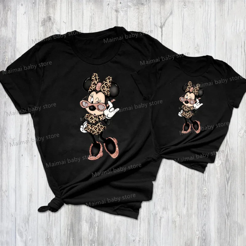 

New Leopard Minnie Mouse Family Shirts Cotton Matching Mother and Daughter Tshirt Baby Rompers Kawaii Family Look Disney Clothes