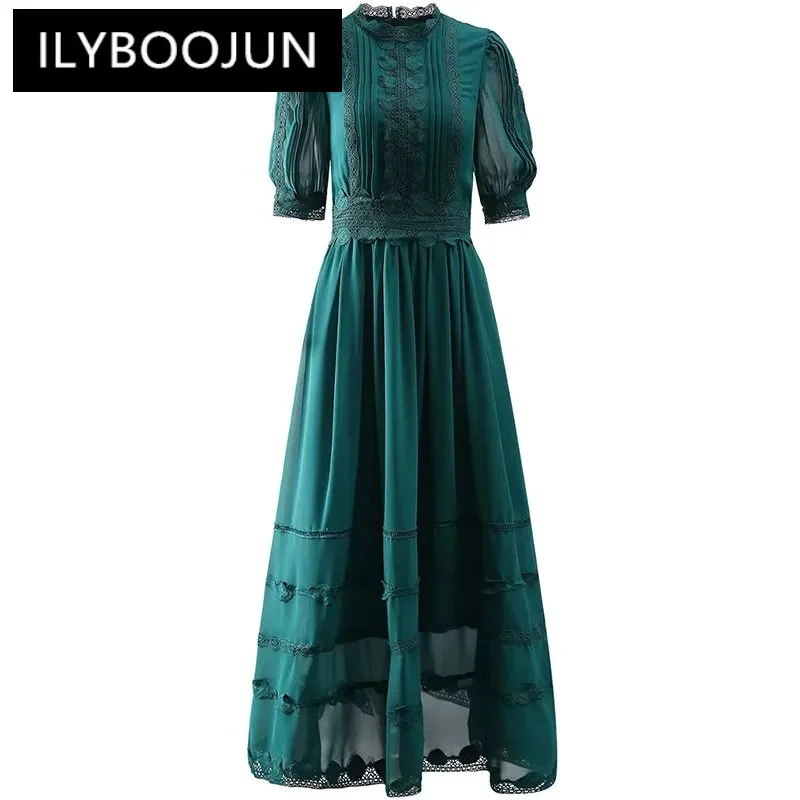 

ILYBOOJUN Fashion Women's New Embroidered Patchwork Stand-Up Collar Short-Sleeved Vintage Pleated Elegant Bohemian Maxi Dress