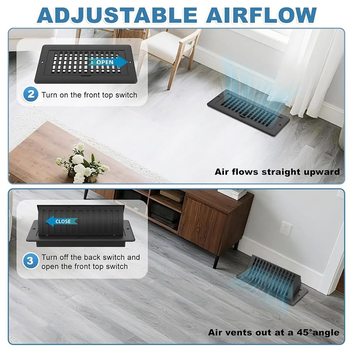 abkm-2-in-1-ベントデフレクター＆フロアベントカバー、調整可能な4x10レジスター炭素鋼、省エネエアフローコントロール-ブラック
