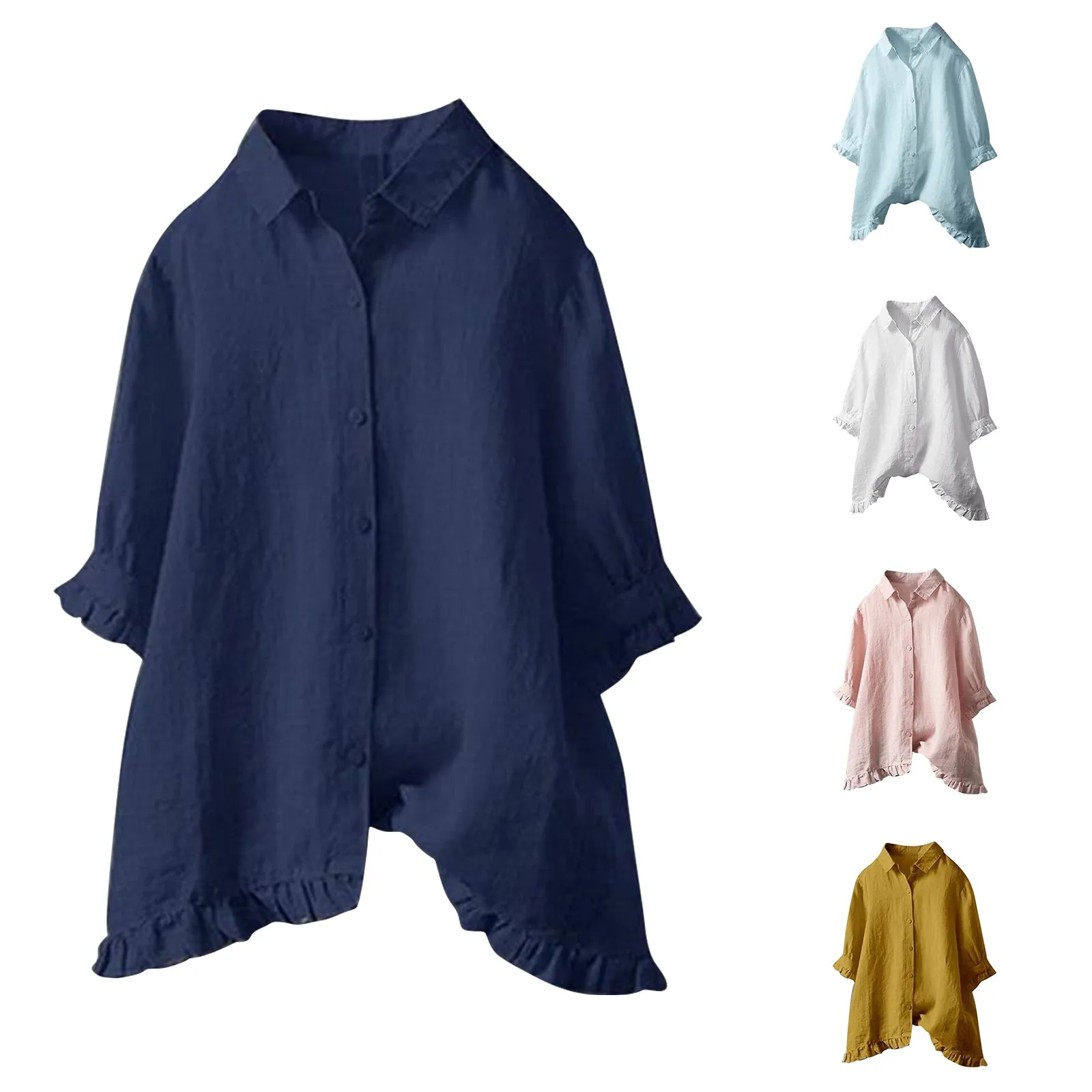 Blouses For Elegant Women Fashion 2024 Women Loose Button Down Blouse Tops Stand Solid Sleeve Long Casual Women Shirt Ropa