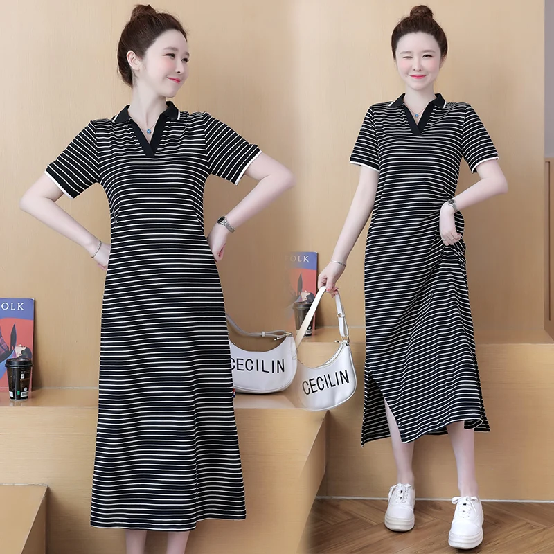 Summer Women Cotton T-shirt Dresses Female lapel Collar Short Sleeve Large Size Elegant A Line Black Stripe Below Knees Vestidos