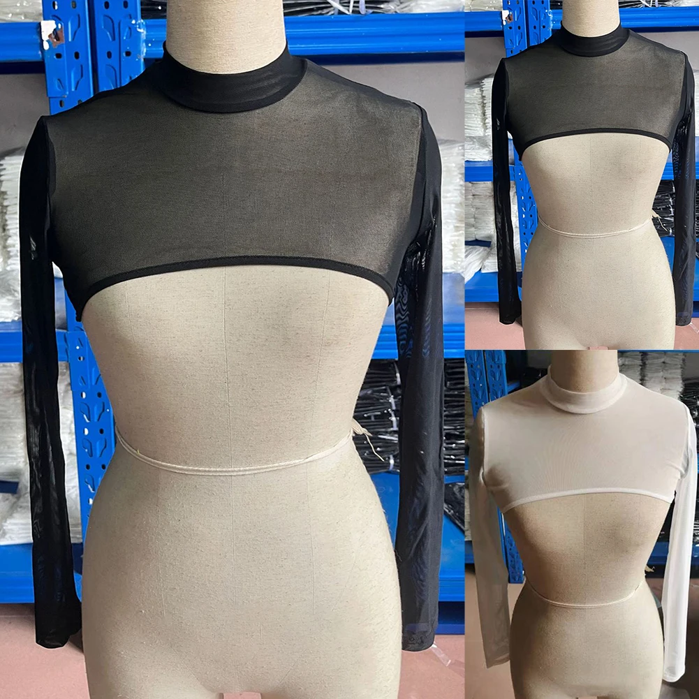 Top corto in rete Top da donna Top corto Gilet ultrasottile Maniche lunghe elastiche Maglia O Collo Spalla Leggero elasticizzato