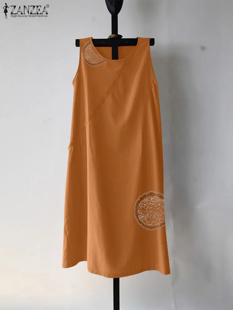 ZANZEA-Vestido de verão feminino bordado, vestido longo de costura, túnica sem mangas, vestidos casuais soltos Midi, moda natalícia, verão, 2024