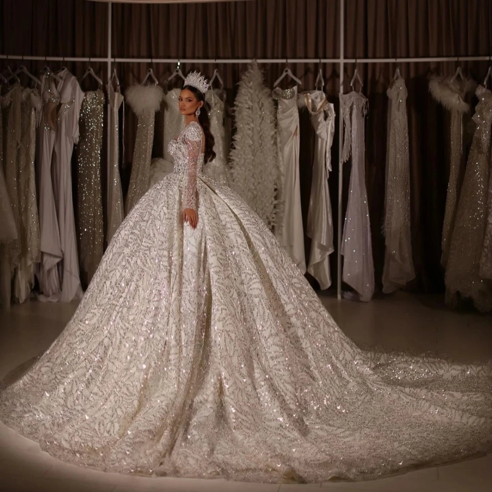 Impressionante querida pescoço vestidos de casamento cristais miçangas vestido para noiva brilhante até o chão vestido de noiva novia