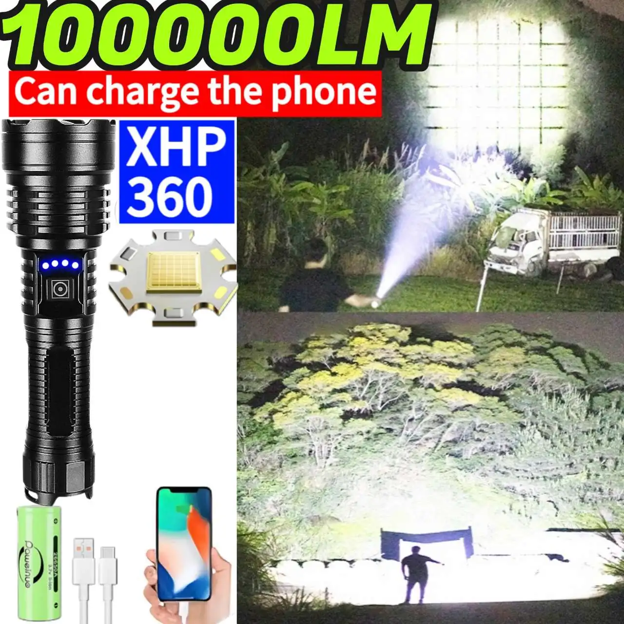 High Power XHP360 LED Flashlight Ultra Bright Long Range Rechargeable Torch Retractable Zoom Lantern Camping Fishing Light