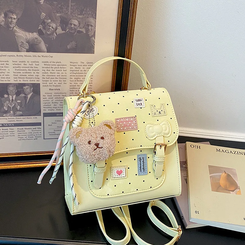 Cute Cartoon Bear PU Leather Mini Backpack for Women Daily School Travel Backpack with Adjustable Strap Color Block Pink/Yellow/