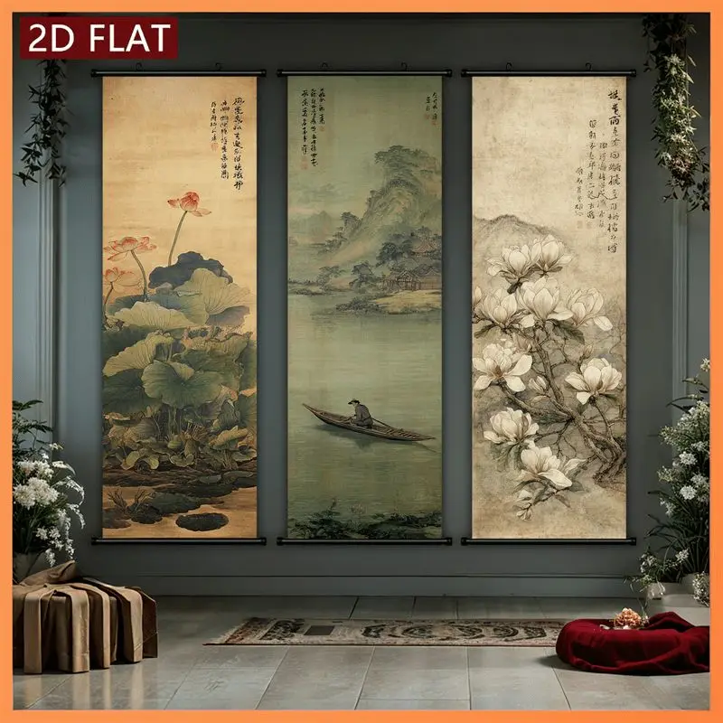 VIKAMA Lotus Fisherman Misty River Wall Tapestry Boat Yulan Magnolia Chinese Scroll Art Home Decor Retro Style Soft Durable Cozy