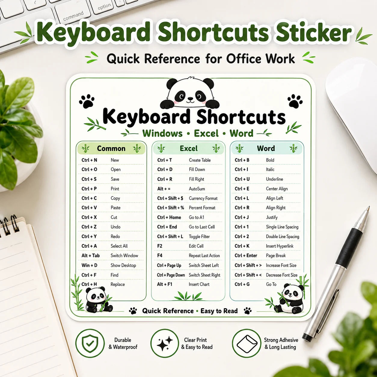 5PCS 3-in-1 Keyboard Shortcuts Reference Sticker, Cute Panda Office Guide for Computer Desk, 9x9cm Quick Reference for Work
