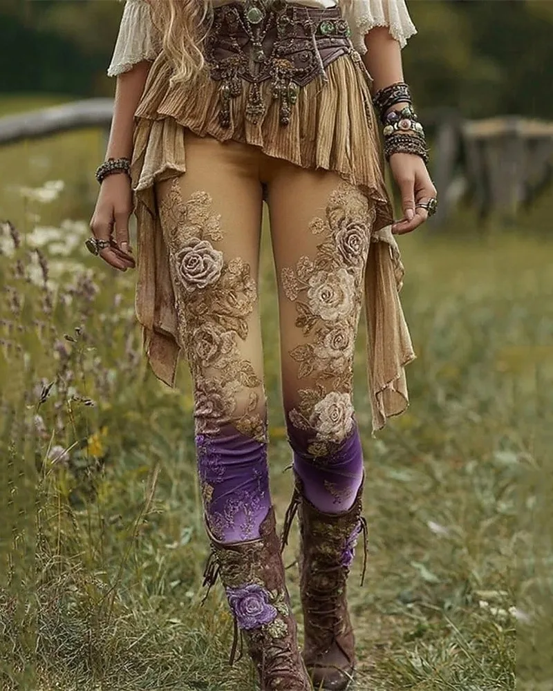 Pantalones de mujer Leggings con estampado de flores Leggings acogedores Casual Boho Longitud completa Cintura elástica Vacaciones en la calle Ropa diaria
