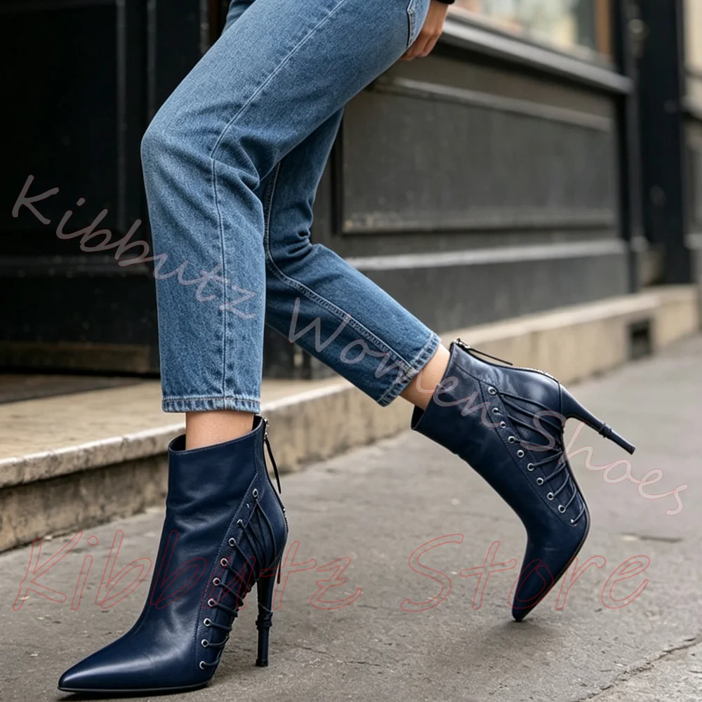 Back Lace Up Wrapped Ankle Boots Stiletto Heel Women Pointed Toe Zipper Goth Punk Party Leather Solid Color Fashion Women Shoes
