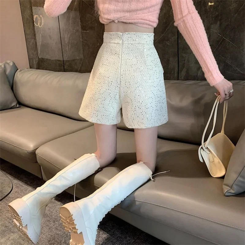 New Fashion Sequin Tweed Skirt Shorts Women High Waist Irregular Buttons Solid Color Spring Autumn Office Lady Shorts