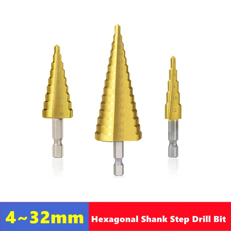 Hexagonal shank step drill bit 4-12 4-20 4-32mm, titanium coated cone drill bit, wood metal drilling tool, drill bit tool set