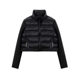 RARF Women's stand-up collar pressure glue zipper Black splicing space cotton jacket jacket for women