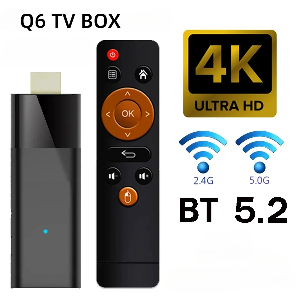 Q6 Mini TV Box Android Fire TV Stick Android 10 Quad Core H313 4K HD H265 3D 2.4G e 5.8G WIFI BT5.2 Smart TV BOX Android Stick